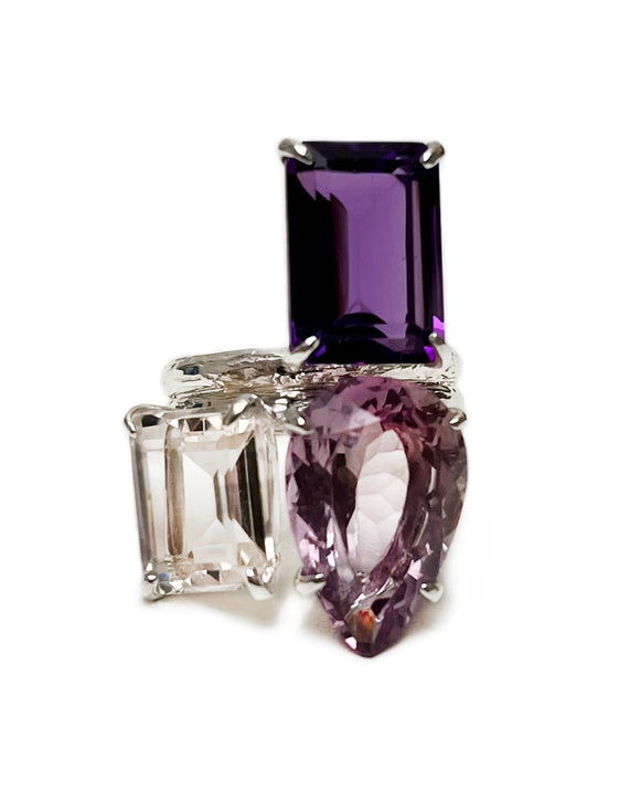 pear trio ring in amethyst white topaz and sterling silver 3 stone ring