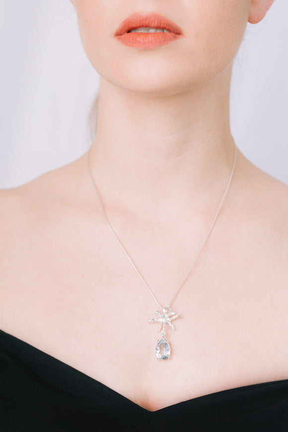 pear cut blue topaz sterling silver coral pendant necklace