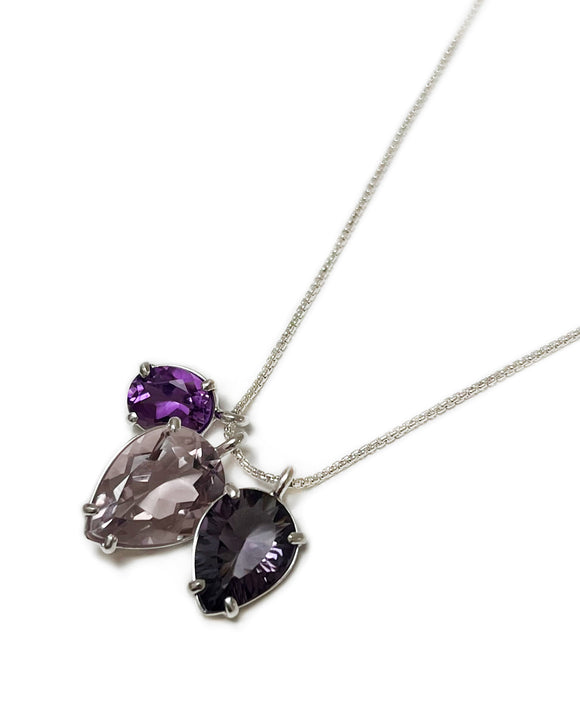 3 charm necklace in amethyst oval and pear cut sterling silver box chain