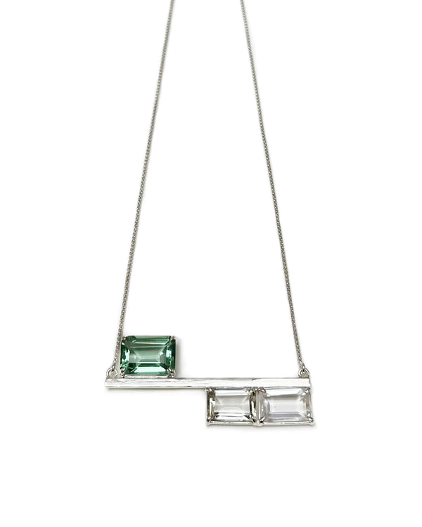 balance necklace bar necklace sterling silver prasiolite, white topaz, green quartz