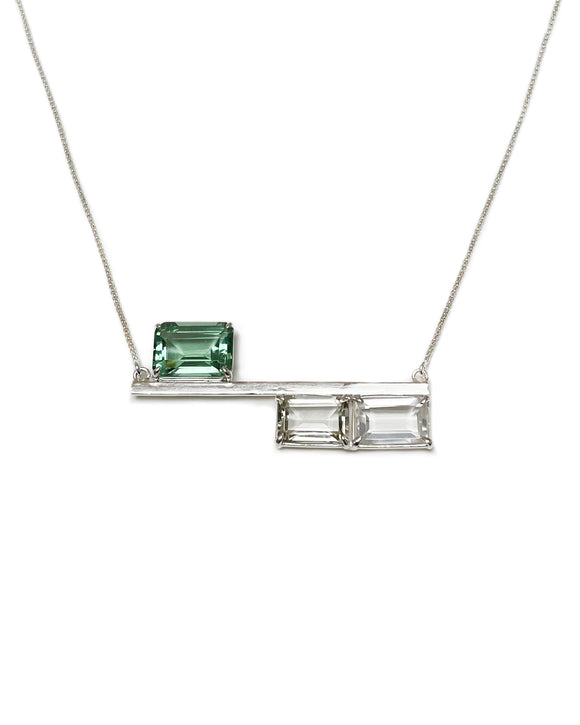 balance necklace bar necklace sterling silver prasiolite, white topaz, green quartz