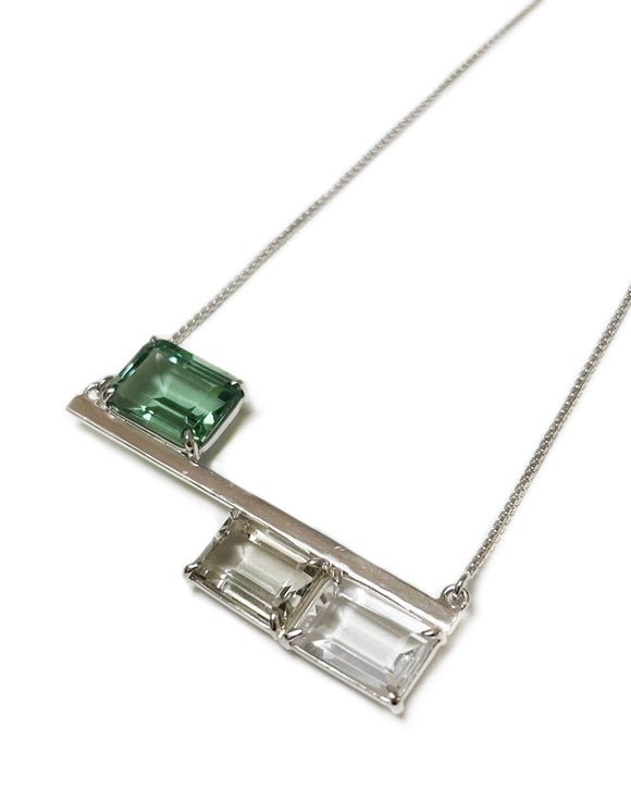 balance necklace bar necklace sterling silver prasiolite, white topaz, green quartz