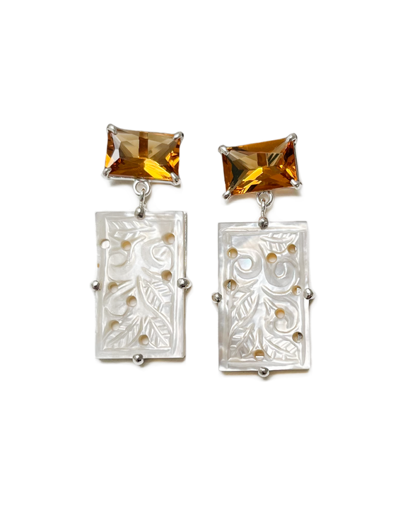 gate earrings in orange quartz, hand-cut mother of pearl and sterling silver