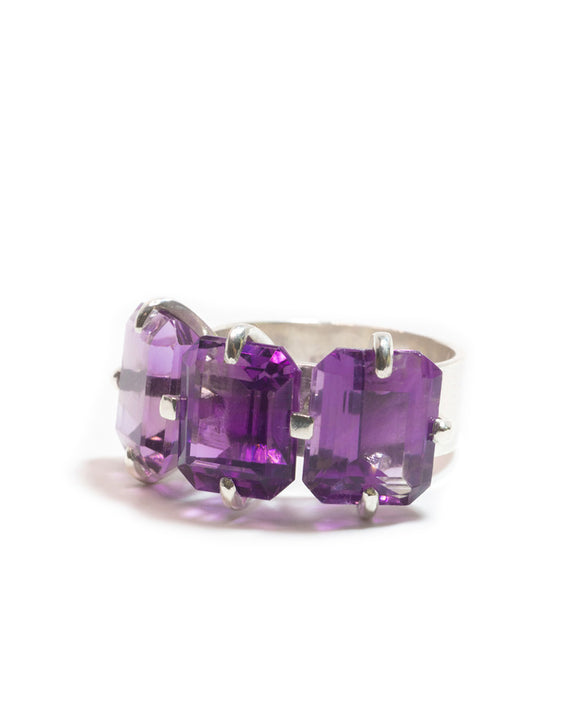 Margaret ring 3 stone large amethyst purple violet sterling silver