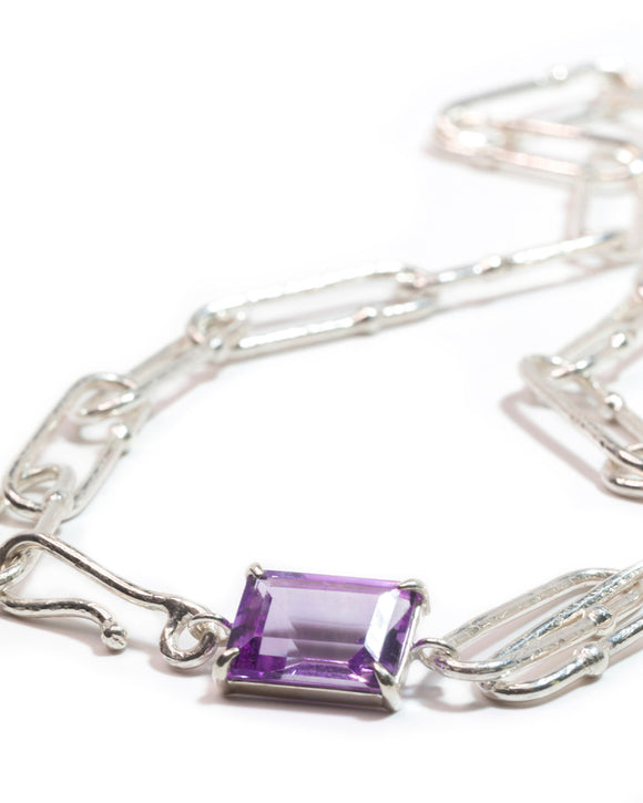 shimmer long link textured sterling silver necklace choker amethyst