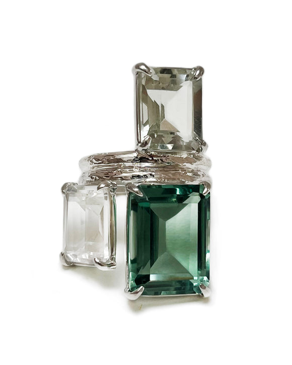 trio ring in sterling silver, prasiolite, green quartz, white topaz