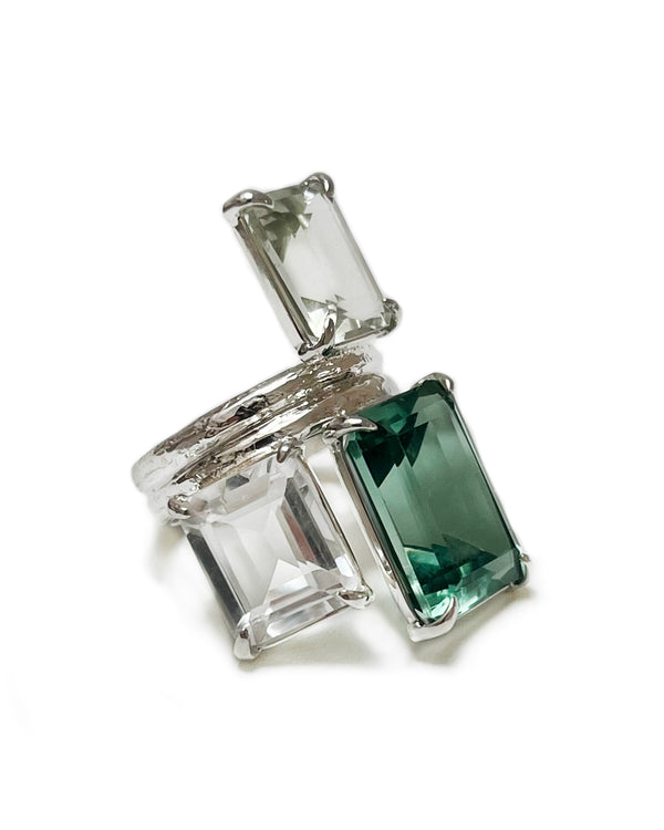 trio ring in sterling silver, prasiolite, green quartz, white topaz