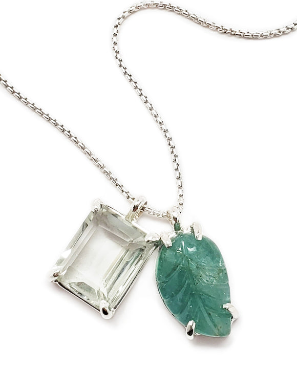 emerald 2 charm pendant necklace prasiolite leaf sterling silver