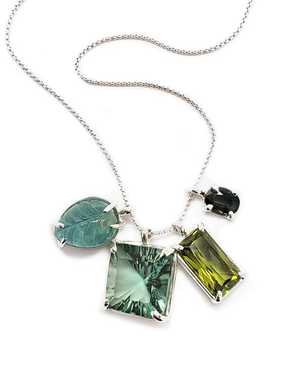 emerald green quartz olive quartz green tourmaline 4 charm necklace pendant sterling silver