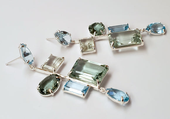 waterfall drop earrings sterling silver green blue aqua quartz