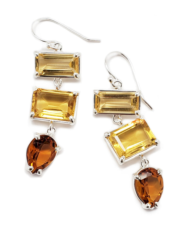3 stone drop earrings Alejandra sterling silver yellow orange quartz citrine