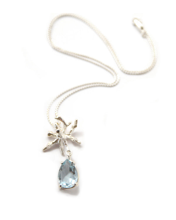 pear cut blue topaz sterling silver coral pendant necklace