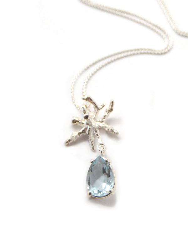 pear cut blue topaz sterling silver coral pendant necklace