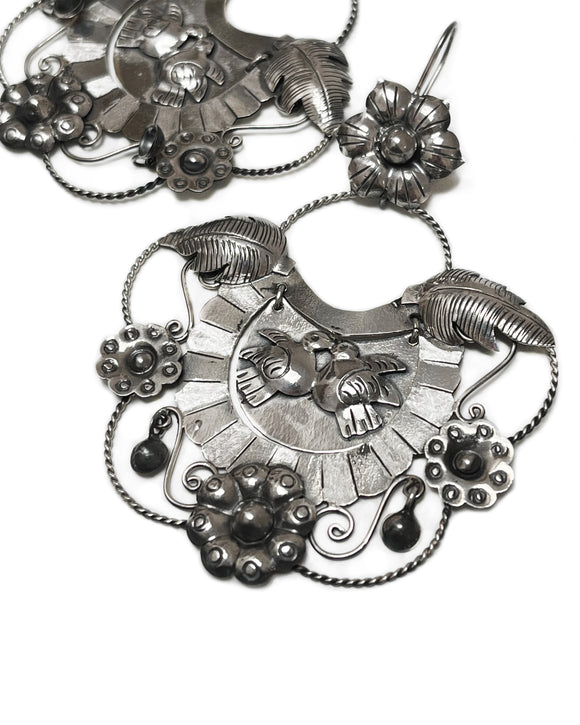 Crest earrings sterling silver birds flowers Mexican taxco earrings