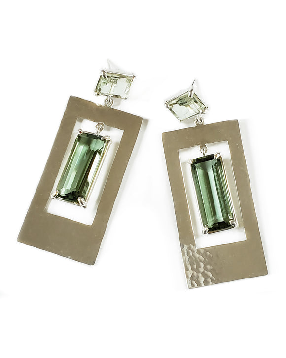 door drop earrings hammered sterling silver green quartz prasiolite
