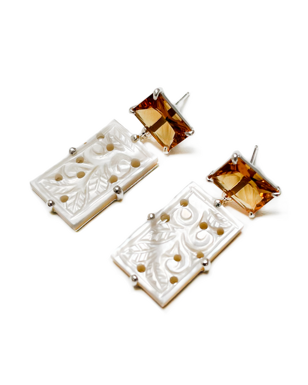 gate earrings in orange quartz, hand-cut mother of pearl and sterling silver