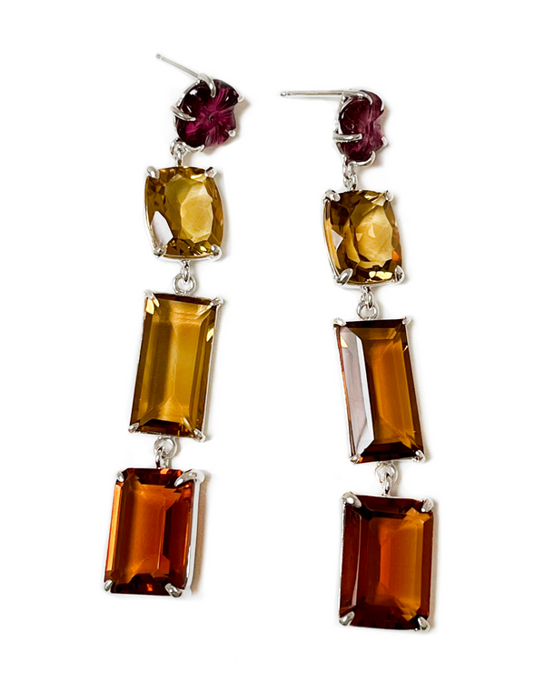 ginger earrings in citrine, orange quartz, hand-cut pink tourmaline and sterling silver