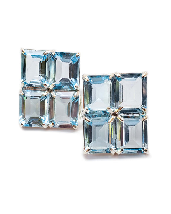 grid studs blue topaz emerald cut sterling silver prong set post earrings