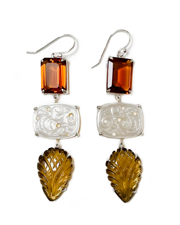 tiger lily earrings in orange quartz, hand-cut mother of pearl and cognac quartz and sterling silver