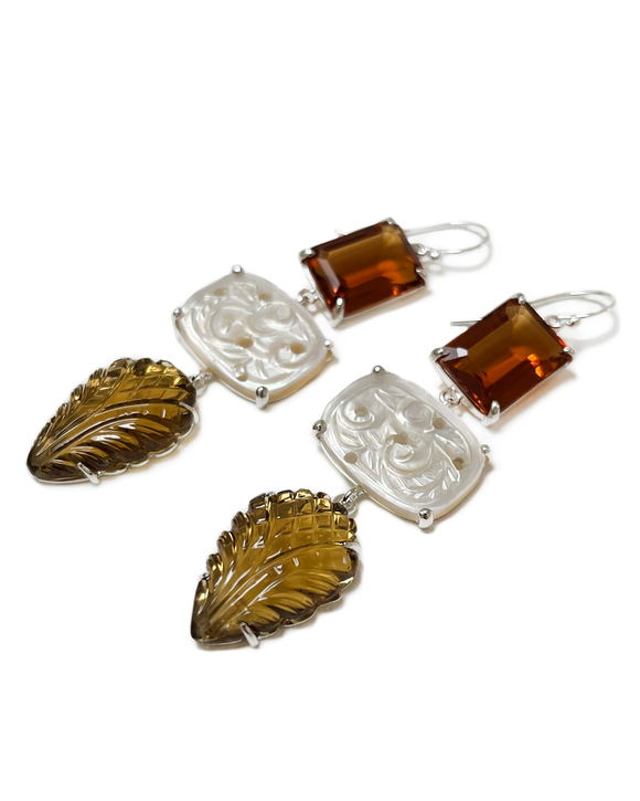 tiger lily earrings in orange quartz, hand-cut mother of pearl and cognac quartz and sterling silver