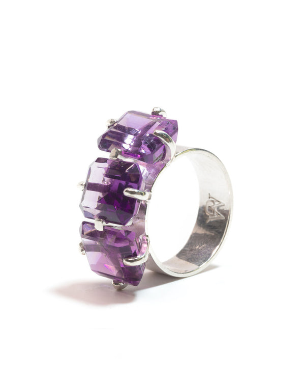 Margaret ring 3 stone large amethyst purple violet sterling silver