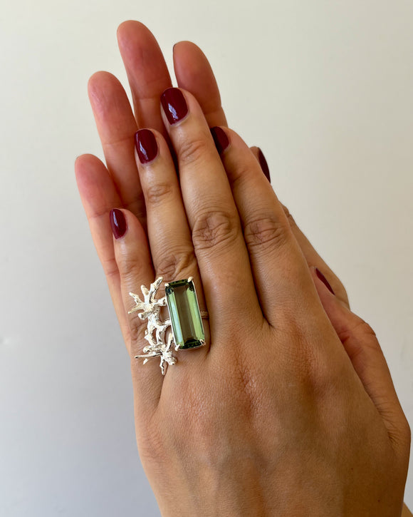 shoreline ring in prasiolite, green, sterling silver with cast coral