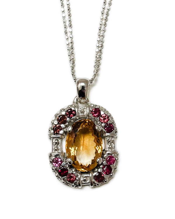 sacha pendant necklace with double chain in argentium silver, citrine, pink tourmaline