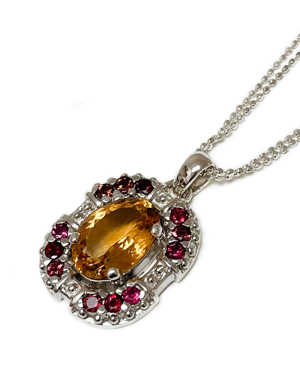 sacha pendant necklace with double chain in argentium silver, citrine, pink tourmaline