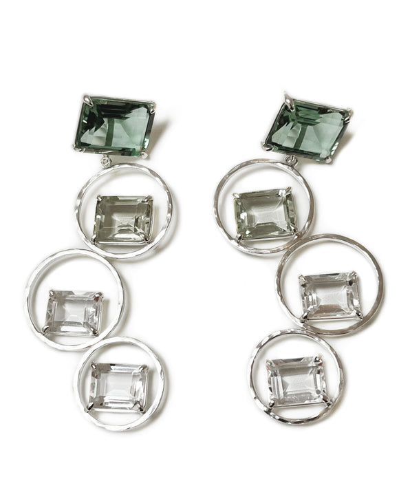 Sarah earrings circle dangle drop sterling silver green quartz prasiolite white topaz