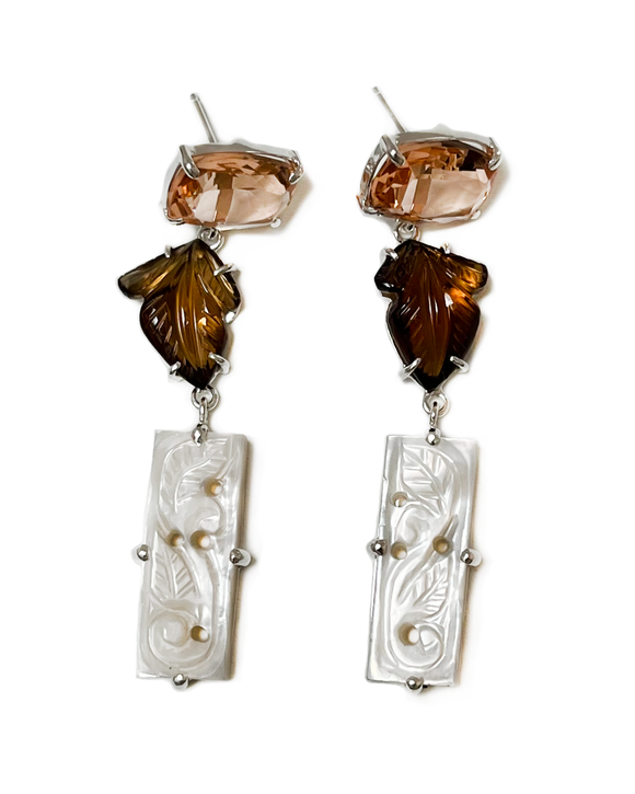 serene earrings morganite quartz, hand-cut cognac quartz and mother of pearl and sterling silver