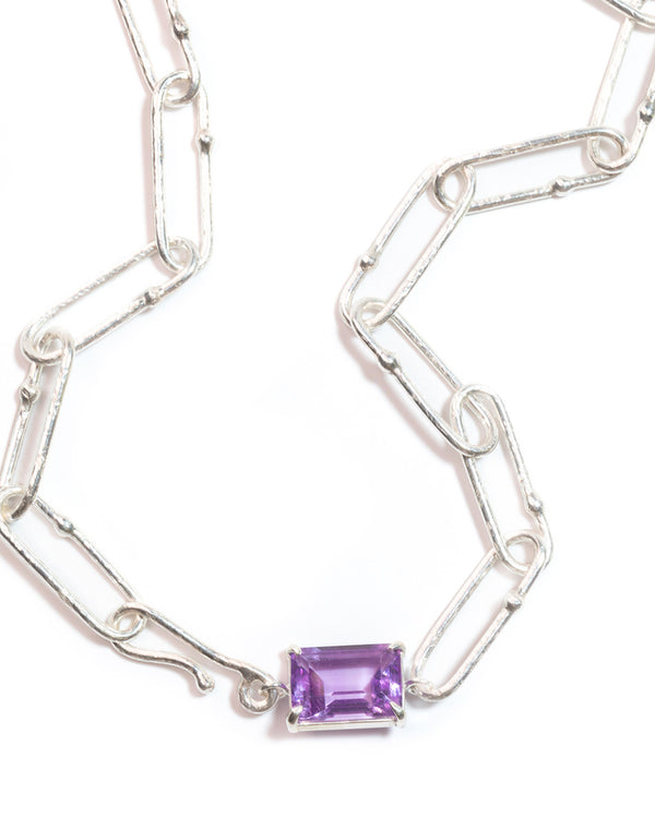 shimmer long link textured sterling silver necklace choker amethyst 