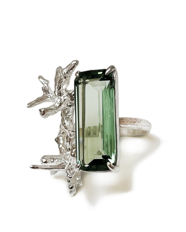 shoreline ring in prasiolite, green, sterling silver with cast coral