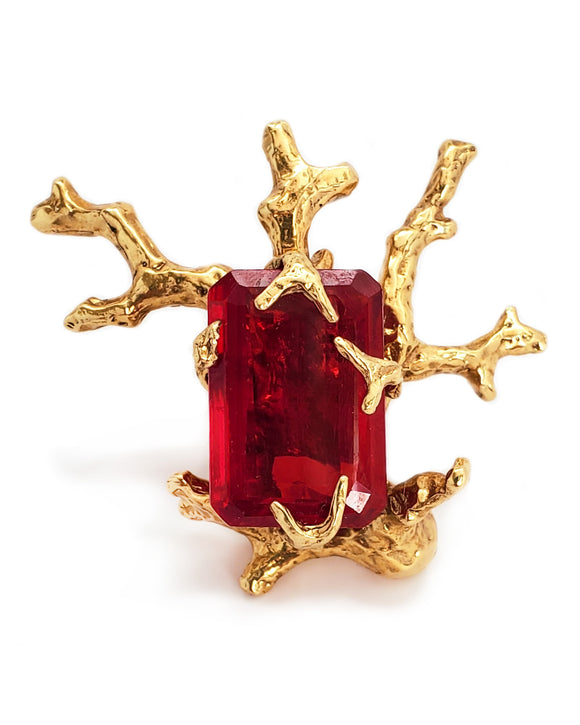 signature coral ring thai gold brass red quartz