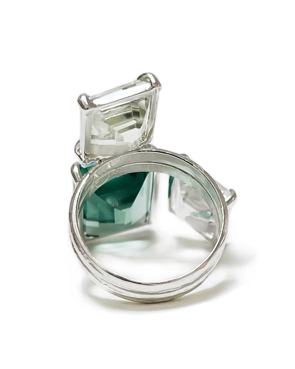 trio ring in sterling silver, prasiolite, green quartz, white topaz